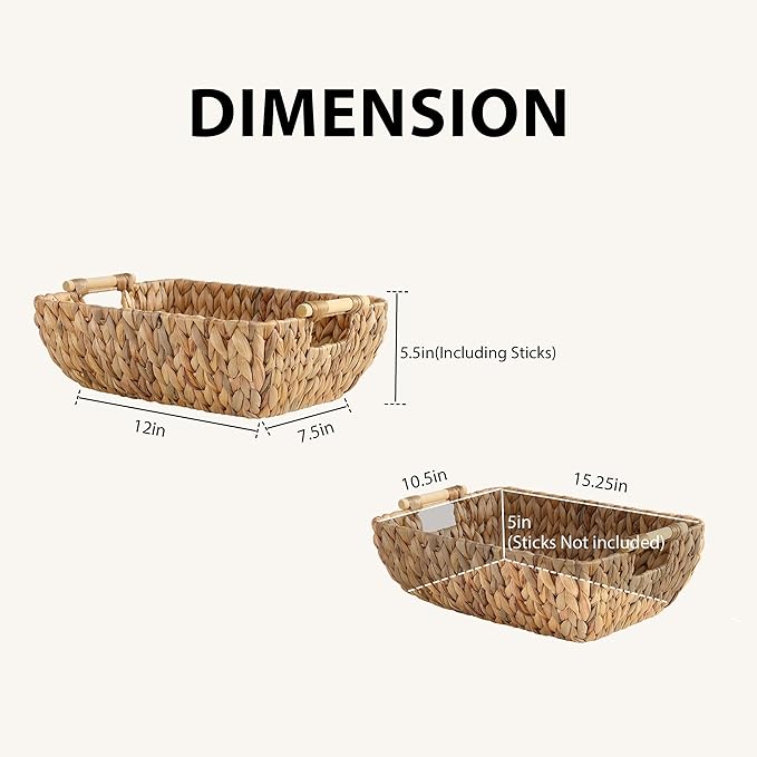 Water Hyacinth Storage Baskets with Wooden Handles，Large Wicker Baskets for Organizing Set of 2