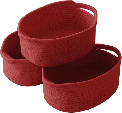 JMvicyroam Woven Basket,Small Rope Storage Bin with Handles & Ribbon Bag, Organizer for Shelves Closets,Gift Basket Empty for Birthday,Books,Dog Toys, Red/3 Pack