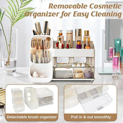 LZDMY Makeup Organizer Countertop, Vanity Organizer with Brush Holder, Cosmetic Display Case with Drawers, Skincare Organizer for Dresser, Bathroom, Makeup Storage Holder for Women Christmas gifts