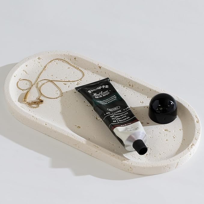 Jewelry Tray Bathtub, Resin Stone Look Decorative Perfume Tray, Bathroom Marble Vanity Organizer Plate Holder for Ring Soap Towel Small Things on Kitchen Sink Countertop (Off White, Large)