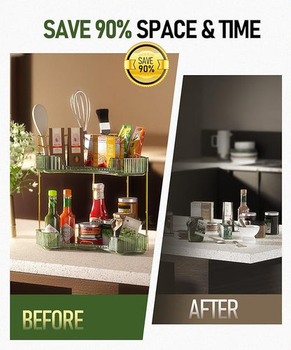 EUHOME 2-Tier Corner Bathroom Counter Organizer Makeup Cosmetic Storage, Tool-Free Installation Acrylic Vanity Shelf, Skin Care Organizer Perfume Tray for Countertop Bathroom, Dresser, Kitchen (Green)