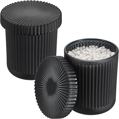 2 Pack Glass Qtip Holder with Lid, Qtip Dispenser Bathroom Storage Jars- Glass Apothecary Jars for Cotton Ball, Swab, Pads, Floss Picks, Bathroom Accessories Organization and Vanity Organizer(Black)