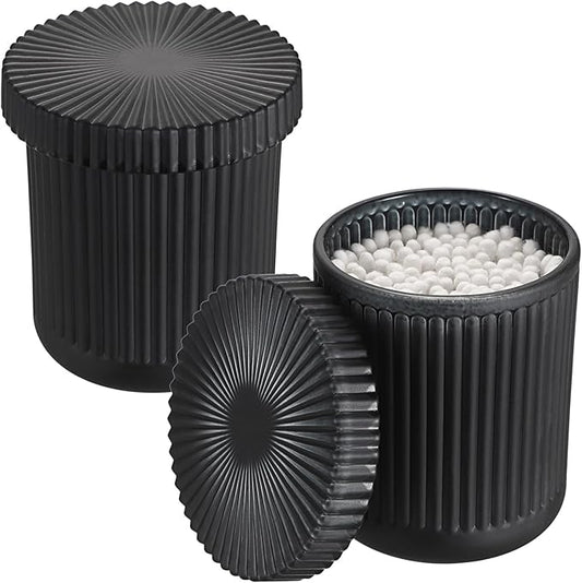 2 Pack Glass Qtip Holder with Lid, Qtip Dispenser Bathroom Storage Jars- Glass Apothecary Jars for Cotton Ball, Swab, Pads, Floss Picks, Bathroom Accessories Organization and Vanity Organizer(Black)