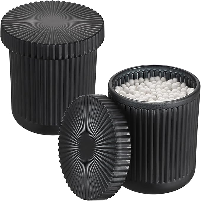 Hipiwe Glass Bathroom Organizer Set, 2 Pack Qtip Dispenser Holder Cotton Swab Organizer with Lid Q-tip Apothecary Jars Bathroom Countertop Storage Canister for Toothbrush Floss Picks, Black