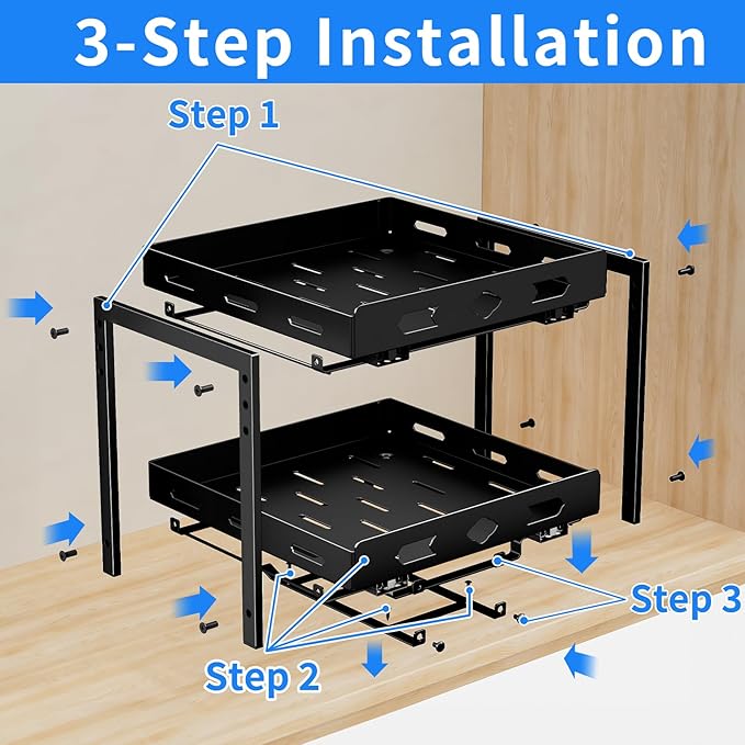BOIVSHI Pull Out Spice Rack Organizer for Cabinet, 2 Tier Cabinet Spice Rack Organizer, Height Adjustable Vertical Spice Rack for Kitchen Cabinet (11.9''Wx10.8''Dx9.2''H, Metal Black)