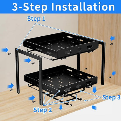 BOIVSHI Pull Out Spice Rack Organizer for Cabinet, 2 Tier Cabinet Spice Rack Organizer, Height Adjustable Vertical Spice Rack for Kitchen Cabinet (11.9''Wx10.8''Dx9.2''H, Metal Black)