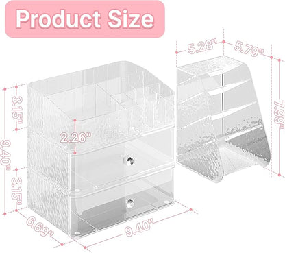 3 Tier Makeup Organizer for Vanity with Brush Holder Countertop Organizer with 2 Drawers Clear Makeup Storage for Brushes, Lipsticks, Face Mask Skin Care Storage Solution for Women & Teens