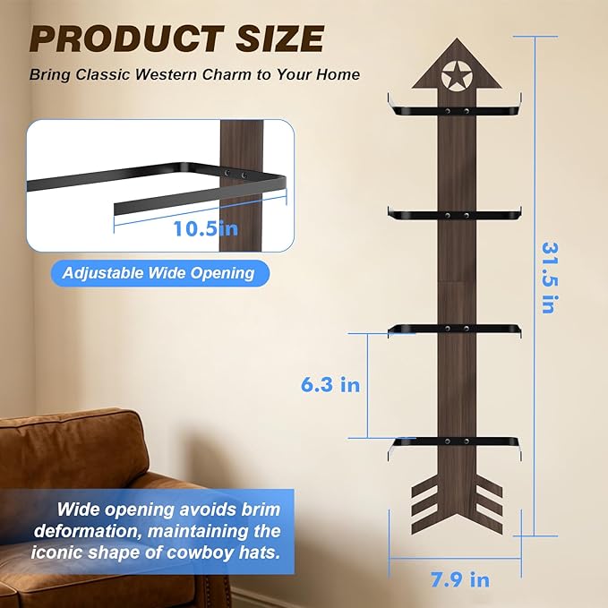 2 Pack Cowboy Hat Rack for Wall – Rustic Cowboy Hat Holder with Arrow Design and 4-Tier Hat Hooks Western Decor Hat Storage– Vintage Cowboy Hanger for Wall