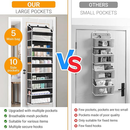 Over The Door Organizer-5 Layers Large Pockets, Heavy Duty Door Organizer Hanging Storage, 10 Mesh Side Pockets & Clear Window for Bedroom, Bathroom,Kitchen,Nursery, Pantry,Dorm Holds Shoes(Black)