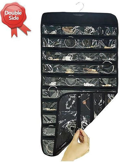 Hanging Jewelry Organizer Storage Roll with Hanger Metal Hooks Double-Sided Jewelry Holder for Necklaces, Earrings, Rings on Door, Wall, Closet, 80 Pocket Organizer,Black