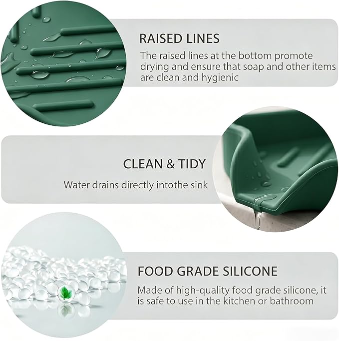 MicoYang Silicone Bathroom Soap Dishes with Drain Spout-Bathroom and Kitchen Sink Organizer,Sponge Holder,Dish Soap Tray,Perfect for Dispenser,Scrubber,Bottle,Cup on Sink or Counter-Green 4.9"×3.2"