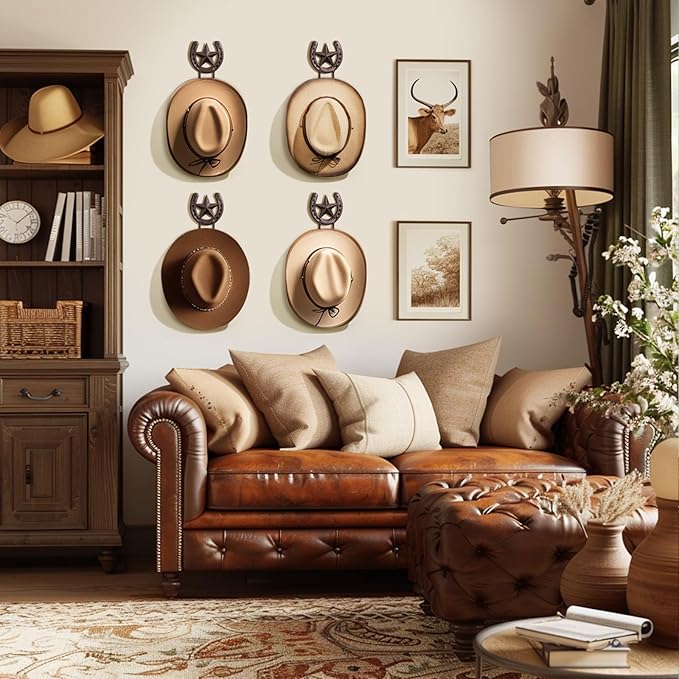 Cowboy Hat Hanger for Wall 4 Pack Cowboy Hat Holder Wall Mount Horseshoe Hooks Metal Hat Rack Hat Storage Western Wall Decor for Entryway Closet Bedroom Living Room Western Gift