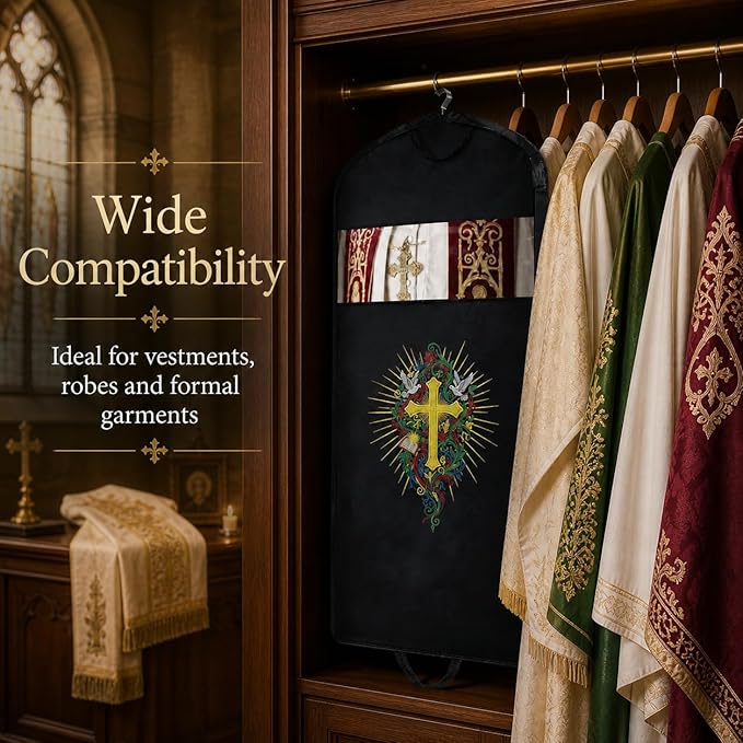 Clergy Robe Garment Bag, Black Vestment Cover for Hanging Clothes, Deacon Preacher Travel Storage Bag (Black, 60 Inch)