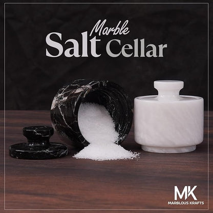 MARBLOUS KRAFTS Marble Salt Cellar with Lid 3" White and Black Zebra Spice Jar For kitchen Counter Stone Salt Container and Salt, Pepper Bowls, Perfect Mother’s Day Gift