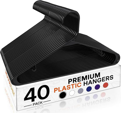 HOUSE DAY Black Plastic Hangers 40 Pack, Plastic Clothes Hangers with Built-in Strap Hooks, Space Saving Slim Hanger for Closet Organizers and Storage, Durable Clothing Hanger for Shirts Blouses Tops