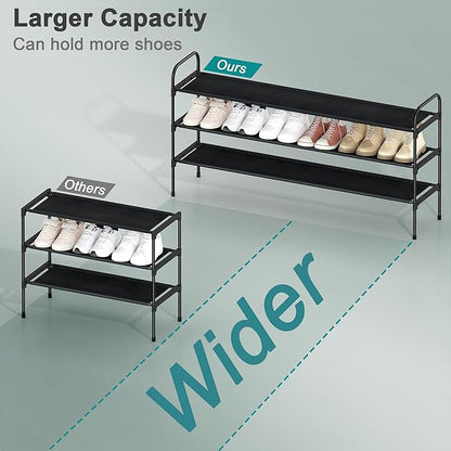 HITHIM 3 Tier Long Shoe Rack for Closet, Screw Fastened Plastic Connector Shoe Storage Organizer, Non-Woven Fabric Metal Shoe Shelf, Holds 24-28 Pairs for Entryway, Front Door Entrance, Bedroom