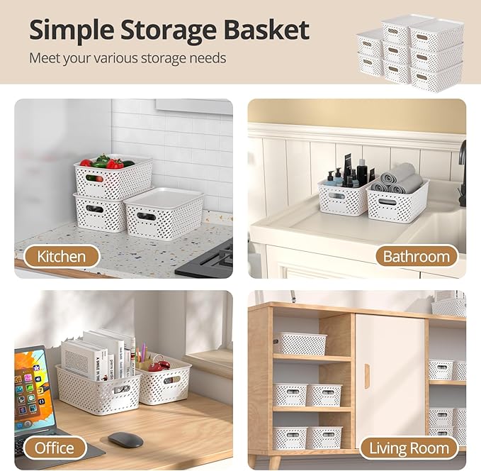 Plastic Storage Bins with Lid, Stackable Small Box Basket for Organizing and Containers for Shelves Drawers Desktop Closet Playroom Pantry Classroom Office Home, 8-pack 10.2x7.2x4.1 Inch, White