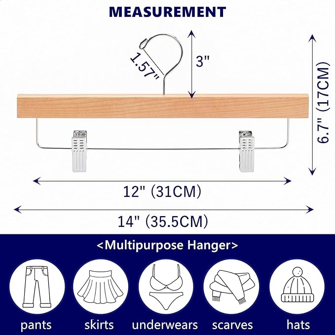 Amber Home 24 Pack Wooden Pants Hangers with Clips, 14" Natural Wood Skirt & Trouser Hangers, Closet Hangers for Jeans, Slacks, Shorts, with 2-Adjustable Clips (Natural, 24)
