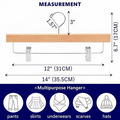 Amber Home 24 Pack Wooden Pants Hangers with Clips, 14" Natural Wood Skirt & Trouser Hangers, Closet Hangers for Jeans, Slacks, Shorts, with 2-Adjustable Clips (Natural, 24)