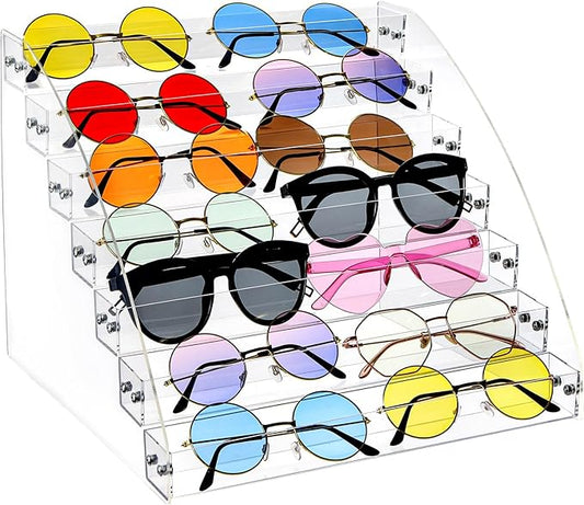 SOUJOY 7 Tier Sunglass Organizer Stand, Acrylic Sunglass Holder, Clear Nail Polish Display Stand, Eyewear Countertop Storage Tray for Highlighting Glasses, Makeup, Essential Oil