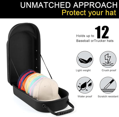 GERMUN Hard baseball hat case, Hat Carrier Travel Case with Adjustable Shoulder Strap, Hat cap case for 12 Baseball Caps - Perfect for Traveling & At-Home Storage (Black)
