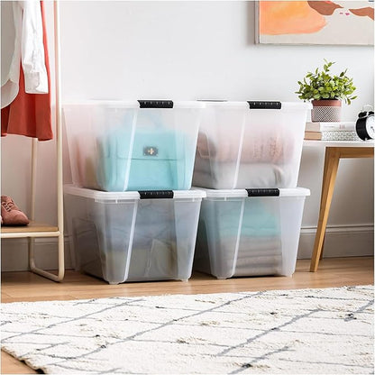 IRIS USA 54 Qt Stackable Plastic Storage Bins with Lids, 8 Pack - BPA-Free, Made in USA - See-Through Organizing Solution, Latches, Durable Nestable Containers, Secure Pull Handle - Clear
