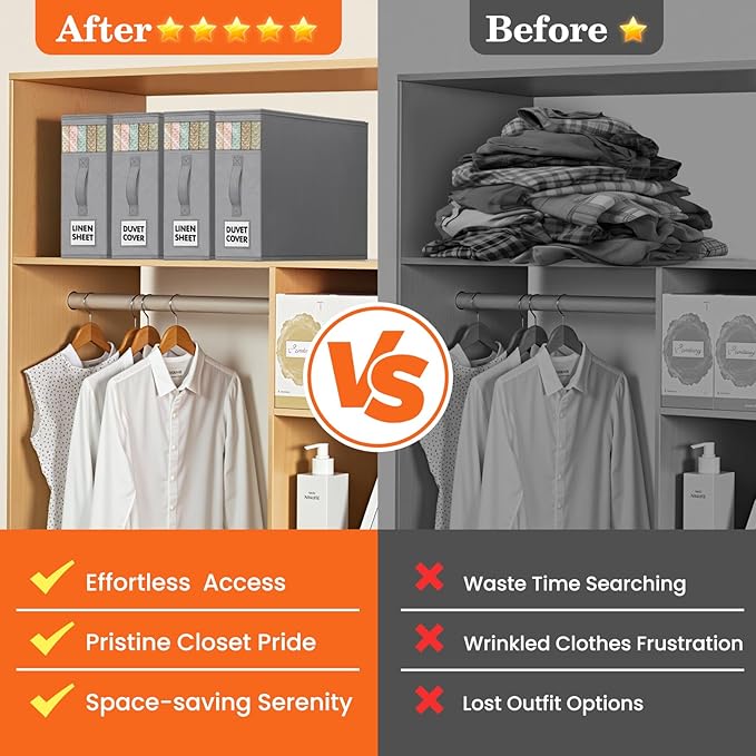 WOWBOX Sheet Organizers and Storage,Closet Bed Sheet Organizer Under Bed Storage and Organization with Label Cards & Clear Window for Bedding Sheets,Duvet Covers,Blankets (8 Pack，Gray)