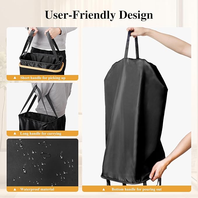 Foluck Slim Laundry Hamper, 60L Waterproof Narrow Laundry Basket with Lid and Removable Bag, Collapsible Tall Clothes Hamper with Bamboo Handles for Clothes Toys in Dorm Bedroom Bathroom, Black