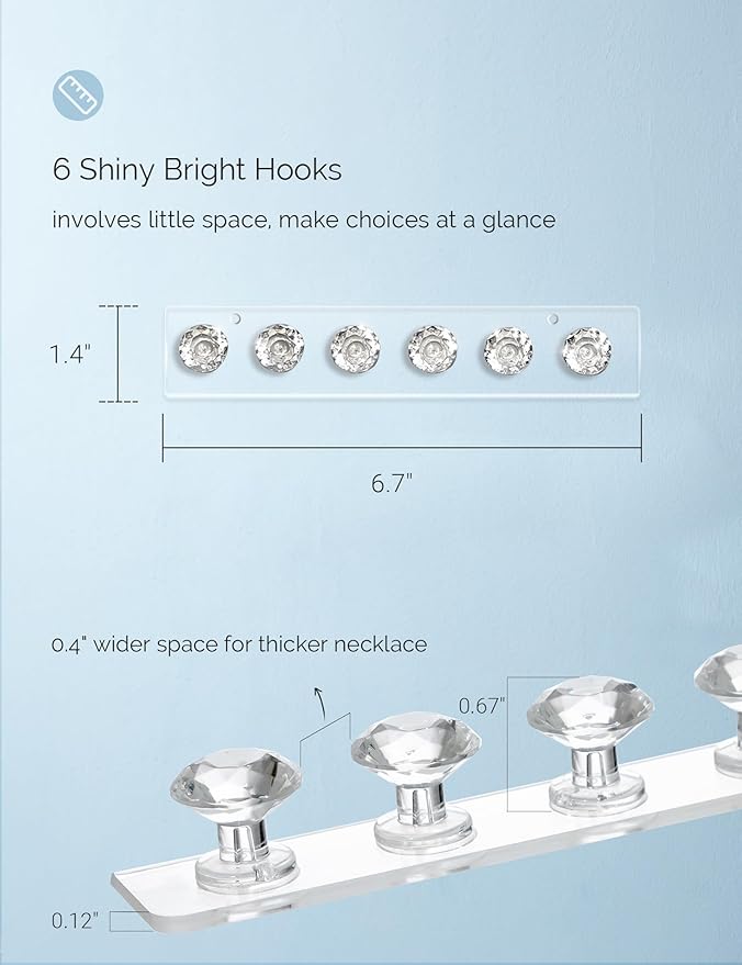 Mymazn Acrylic Necklaces Holder Wall Mounted Necklace Hangers Hanging Jewelry Organizer with 6 Hooks, Clear Jewelry Hangers for Necklace Organizer for Girls Women, Necklace Hooks for Wall (4 Pack)