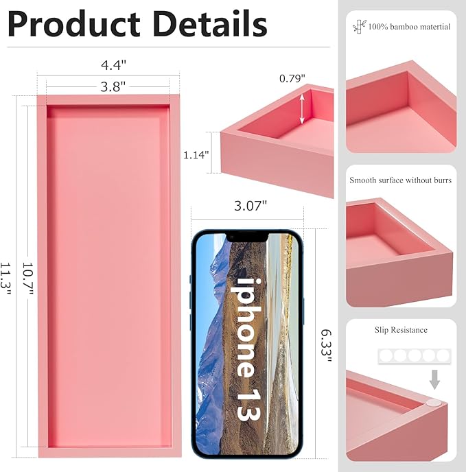 ZHWS Bathroom Vanity Tray for Perfume Decor Toilet Tank Candle Toiletries, Kitchen Tray for Soap Dispenser Spice Salt Coffee, Bamboo Nightstand Tray 11.3”x4.4” (Pink)