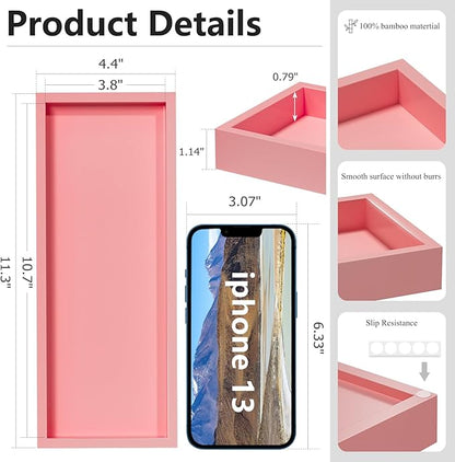 ZHWS Bathroom Vanity Tray for Perfume Decor Toilet Tank Candle Toiletries, Kitchen Tray for Soap Dispenser Spice Salt Coffee, Bamboo Nightstand Tray 11.3”x4.4” (Pink)