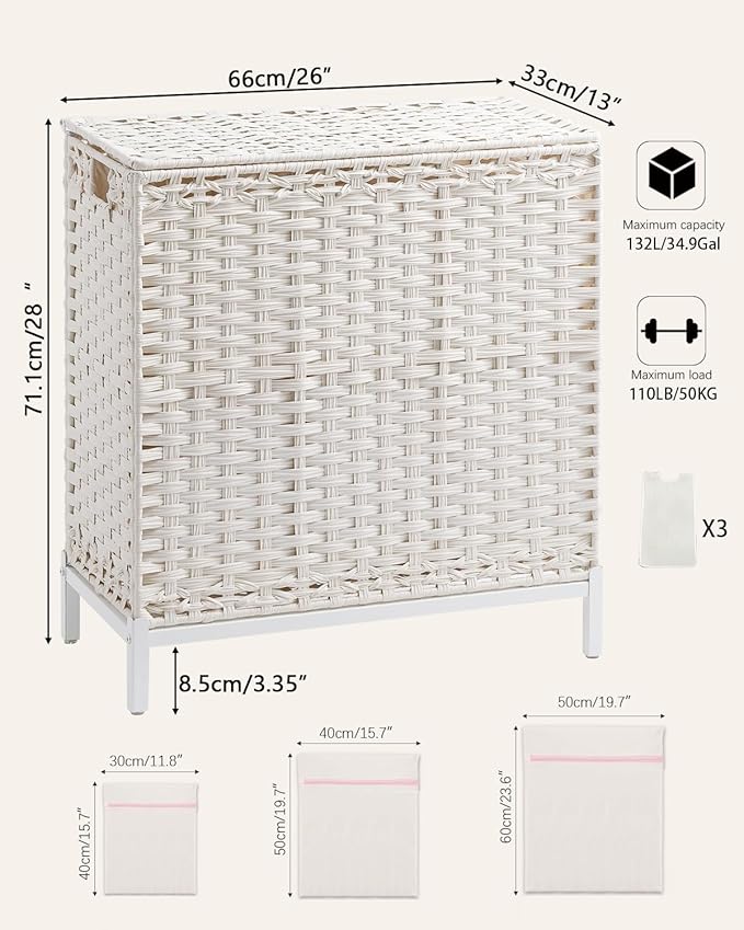 SETVSON Laundry Hamper with Lid 132 L, (35 Gallons) Clothes Hamper with Lid, Handwoven Rattan Laundry Hamper with Metal Heightened Feet, Laundry Hampers with 3 Removable Liner Bags for Laundry-White