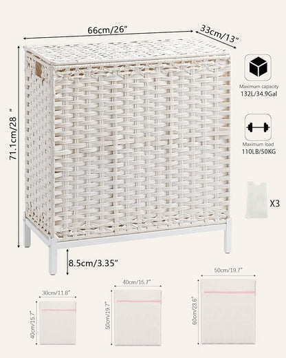 SETVSON Laundry Hamper with Lid 132 L, (35 Gallons) Clothes Hamper with Lid, Handwoven Rattan Laundry Hamper with Metal Heightened Feet, Laundry Hampers with 3 Removable Liner Bags for Laundry-White