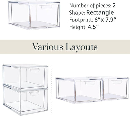 STORi Audrey Stackable Clear Bin Plastic Organizer Drawers | 2 Piece Set | Organize Cosmetics and Beauty Supplies on a Vanity | Made in USA