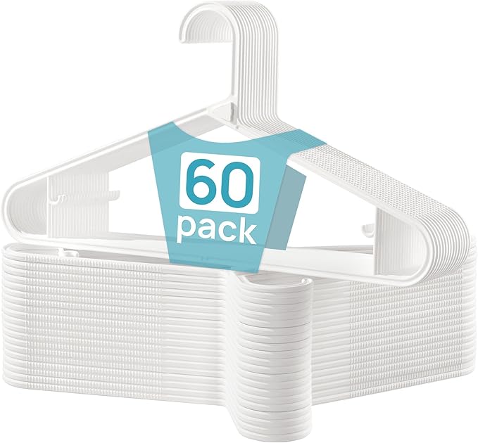 Vtopmart 60 Pack Plastic Clothes Hangers, 16.7in Standard StackFit Hangers for T-Shirt, Coats, Jackets, Sweaters, Non-Slip Slim Hanger with Hooks, Space-Saving in Closet, Durable Clothes Organizers