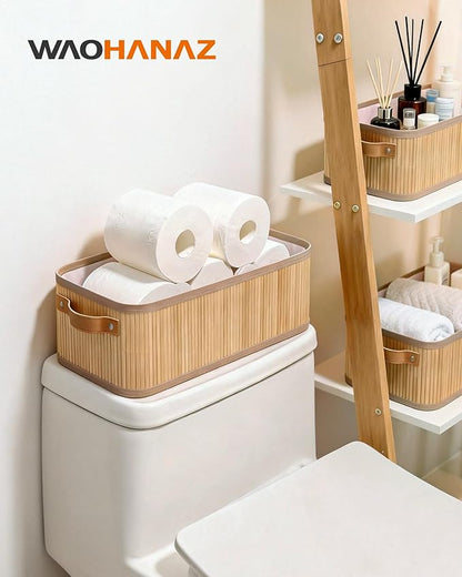 Narrow Storage Bins, Small Basket for Closet and Shelves, Bamboo Toilet Paper Storage Organizer with Handles for Countertop-Bathroom-Home Decor, 4-Pack
