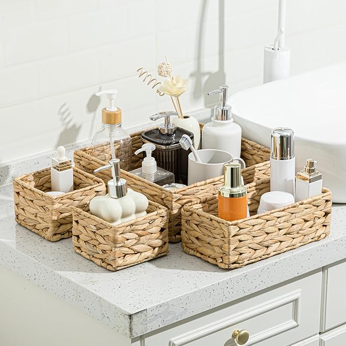 Funnymoom Set of 4-woven Wicker Storage Baskets Storage Bins Natural Water Hyacinth Cube Basket Container Baskets Storage Boxes Organizers Divider for Drawer, Closet, Dresser
