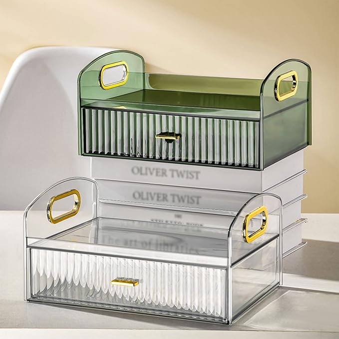 DASITON Vintage striped Makeup Brush holder Organizer,Acrylic Drawers Makeup Organizers,Spacious Cosmetic Display Case,Jewelry Storage,for Vanity,Bathroom,Desk Storage Container（Clear）