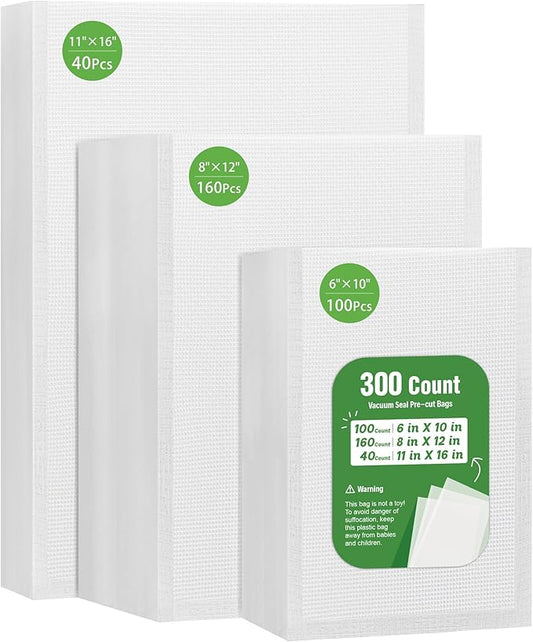 Syntus 300 Count Vacuum Sealer Bags, 40 Gallon 11" x 16" and 160 Quart 8" x 12" and 100 Pint 6" x 10" for Seal a Meal, BPA Free Heavy Duty Precut Bags, Food Vac Bag for Storage, Meal Prep or Sous Vide