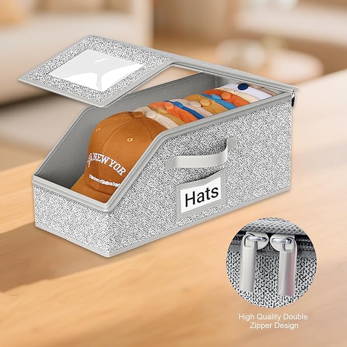 2 Pack Hat Organizer for Baseball Caps, Stackable Hat Storage Box for Closet, Cap Organizer & Cowboy Hat Case, Dustproof Hat Holder for Snapback Trucker Hats, Grey Hat Box