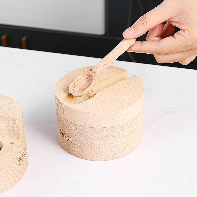 Wooden Divided Salt Cellar With Lid And Spoon,Salt Box With 2 Compartment,Salt container with Magnetic Swivel lid, Beech Wood