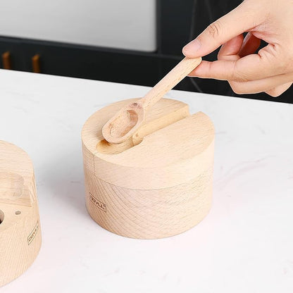 Wooden Divided Salt Cellar With Lid And Spoon,Salt Box With 2 Compartment,Salt container with Magnetic Swivel lid, Beech Wood