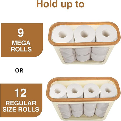 Toilet Paper Storage with Bamboo Lid,Foldable Basket Organizer for Bathroom, Holds 9 Mega/12 Regular Rolls, Waterproof Toilet Paper Holder Storage with Non-Slip Base,Beige