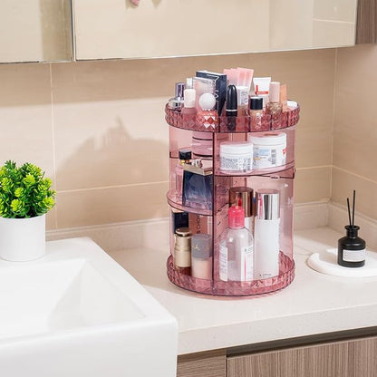 V-HANVER 360 Rotating Makeup Organizer Perfume Organizer Pink Cosmetic Storage Display Case Large Capacity Acrylic Beauty Holder Adjustable Partition Height for Bedroom Dresser or Bathroom Vanity