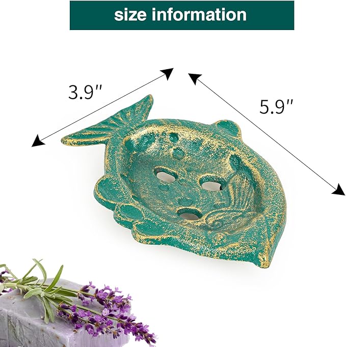 Sungmor Heavy Duty Cast Iron Soap Holder, Vintage Bar Soap Dish for Kitchen Bathroom Sink, Lovely Fish Shape & Antique Green Sponge Dish Soap Tray, Decorative Jewelry Holder Tabletop Container