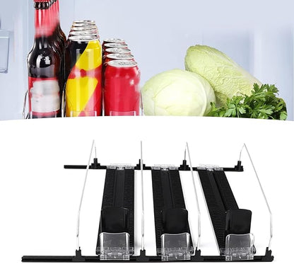 Adjustable Beverage Dispenser, Can and Bottle Organizer, Curved Spring Design, Holds Up to 6 Drinks, Easy Install for Fridge or Pantry (3Pcs)