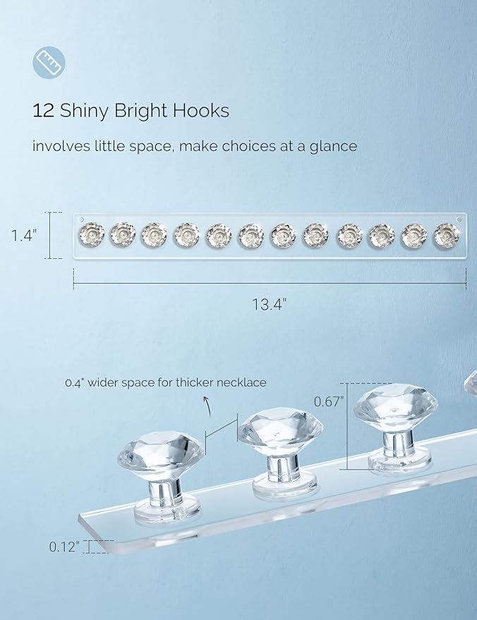 Mymazn 2 Pack Acrylic Necklaces Holder Hanging Jewelry Organizer Wall Mounted Necklace Hangers with 12 Hooks, Clear Jewelry Hangers for Necklace Organizer for Girls Women, Necklace Hooks for Wall