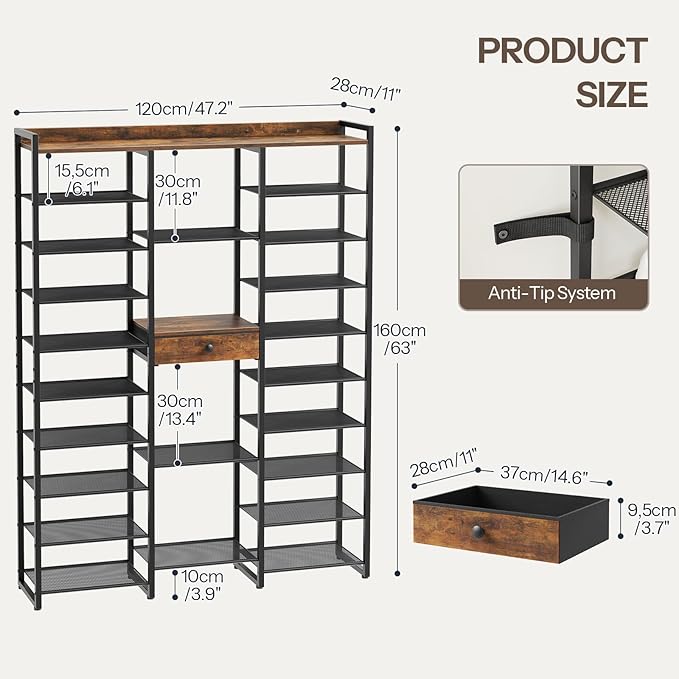 HOOBRO Shoe Rack, 10-Tier Large Capacity Shoe Storage Organizer with Metal Shelves, 63" H Shoe Shelf for Front Door Entrance, Closet, Holds 50-52 Pairs of Shoes, Rustic Brown