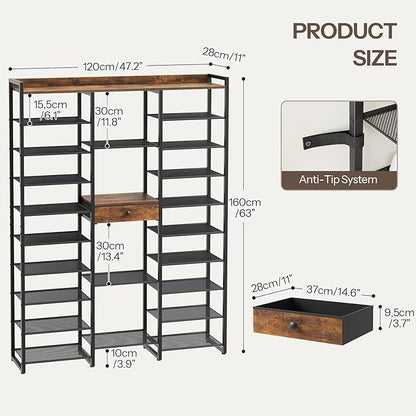 HOOBRO Shoe Rack, 10-Tier Large Capacity Shoe Storage Organizer with Metal Shelves, 63" H Shoe Shelf for Front Door Entrance, Closet, Holds 50-52 Pairs of Shoes, Rustic Brown