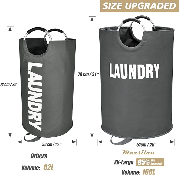 Maxsilan 160L XX-Large Laundry Basket, Freestanding Tall Clothes Hamper, Collapsible Laundry Bag, Dark Grey